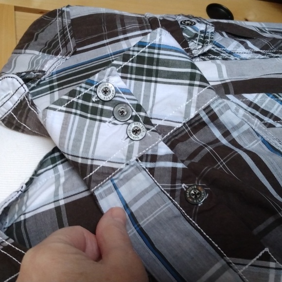 Various Artists Men's Button Down Shirt Brown Plaid size L Chest Pockets Cotton - Picture 7 of 11